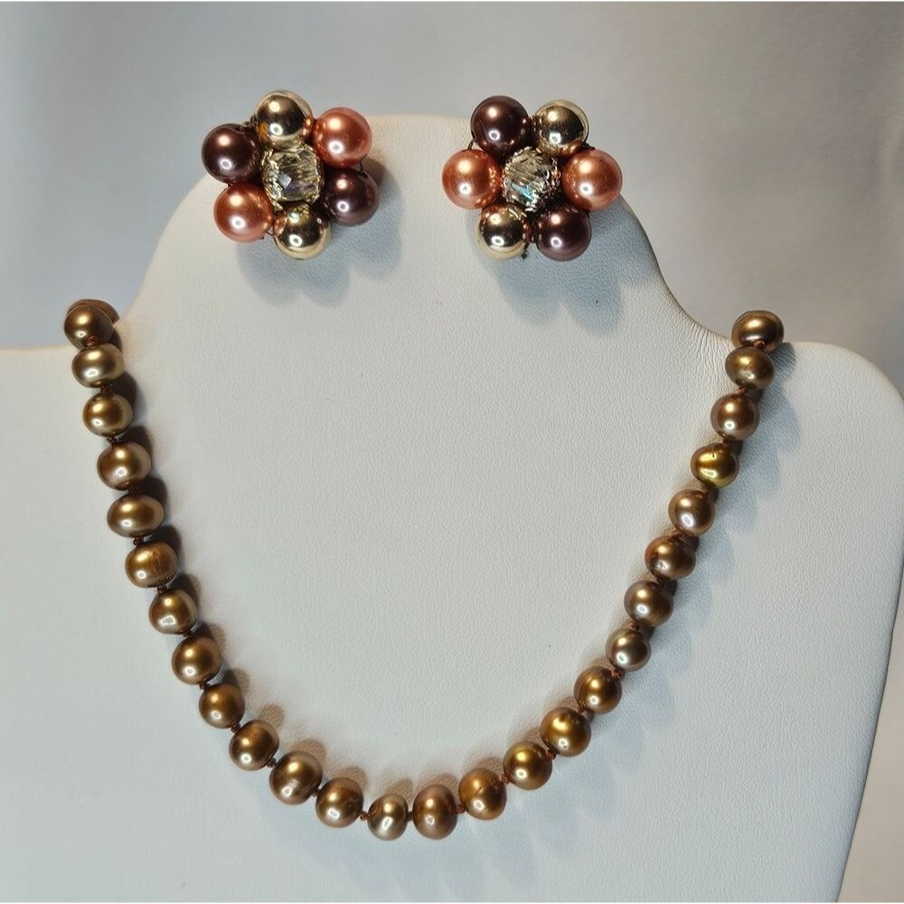 Brown multicolor pearl Clip on Earrings and Necklace
